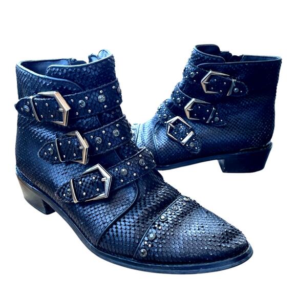 Alma en Pena Black Leather Buckle Ankle Boots Studded Style (EU 40 / US 9.5) - Picture 1 of 12